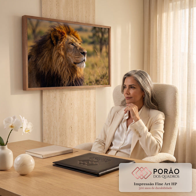 Leão macho de perfil com juba farta iluminada pelo sol dourado da savana africana, quadro decorativo