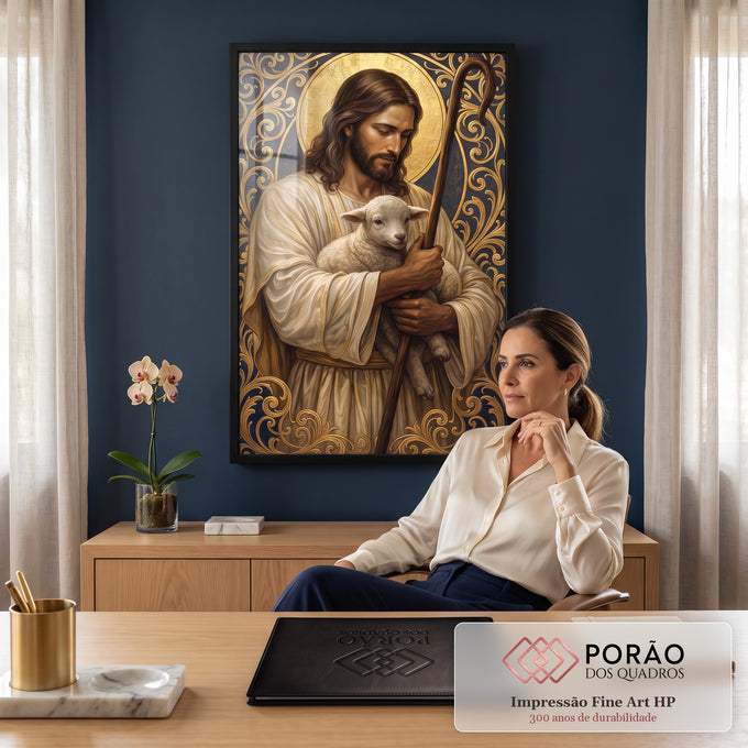 Quadro Decorativo Grande Jesus Bom Pastor Cordeiro para Sala | quadros decorativos | Jesus Bom Pastor segurando cordeiro e cajado com moldura dourada ornamentada | em ambiente 2 | Porao dos Quadros