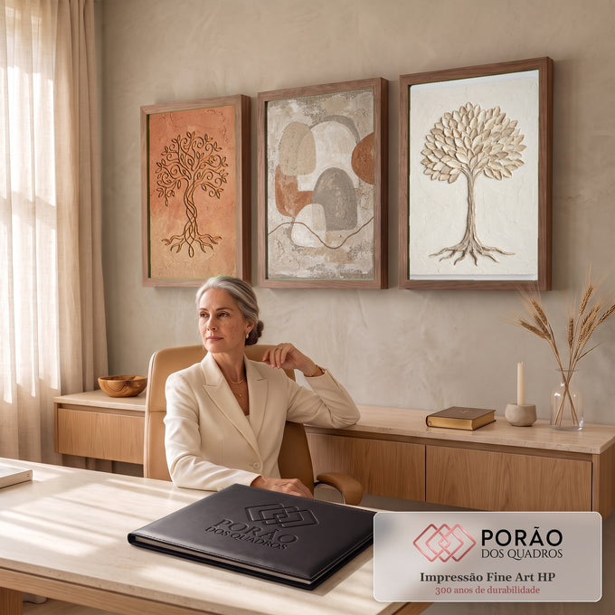 Quadro Decorativo Kit 3 Telas Árvore da Vida para Sala | quadros decorativos | três telas com árvores em relevo dourado e branco e abstrato em tons terracota | em ambiente 2 | Porao dos Quadros