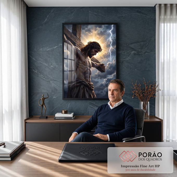 Quadro Decorativo Grande Jesus Cristo Crucificação para Sala | quadros decorativos | Jesus crucificado com coroa de espinhos sob céu de nuvens escuras e raio de luz | em ambiente 2 | Porao dos Quadros