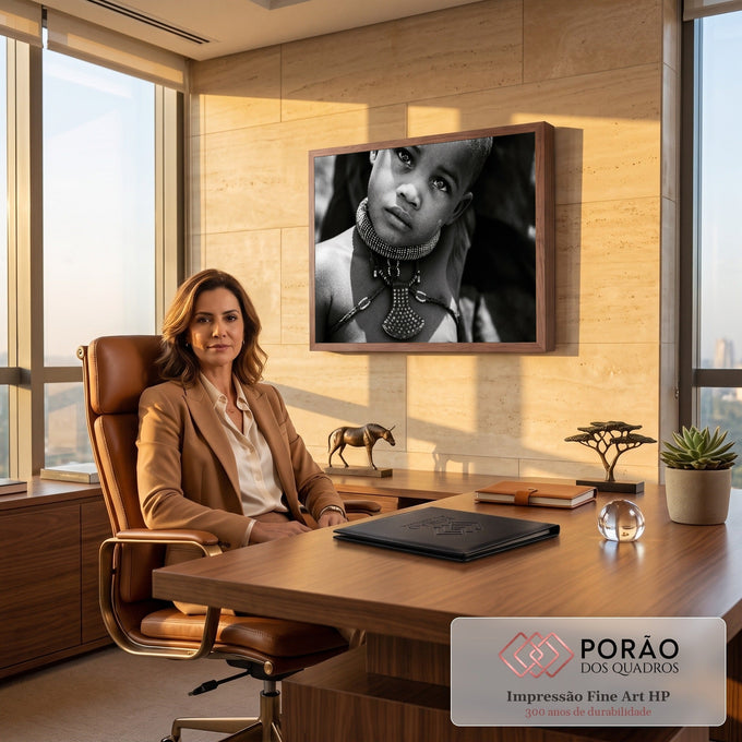 Criança africana Himba com colar tribal de contas e olhar intenso em fotografia preto e branco, quadro decorativo