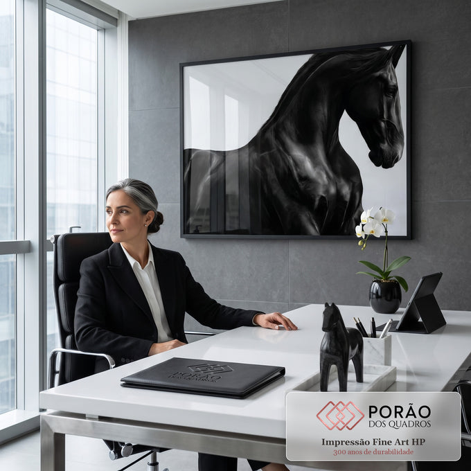 Quadro Decorativo Grande Cavalo em Movimento para Sala Preto | quadros decorativos | cavalo preto em close com crina ao vento sobre fundo branco | em ambiente 2 | Porao dos Quadros