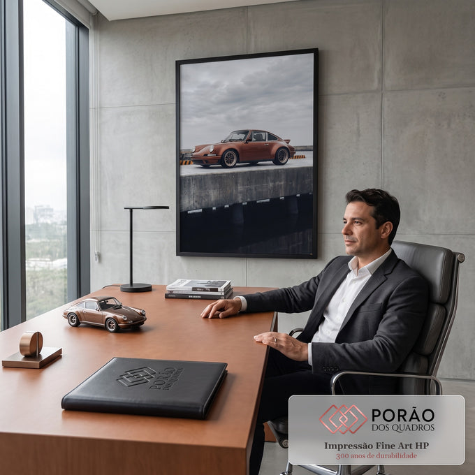 Quadro Decorativo Grande Carro Esportivo Marrom para Sala | quadros decorativos | carro esportivo clássico cor cobre estacionado num píer de concreto cinza | em ambiente 2 | Porao dos Quadros