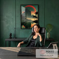 Sol vermelho listrado atrás de montanhas, palmeiras e reflexo em lago verde, quadro decorativo