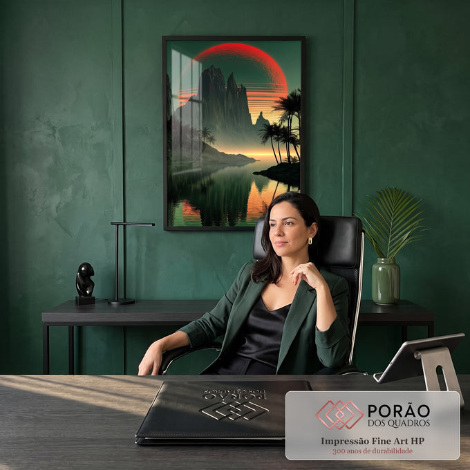 Sol vermelho listrado atrás de montanhas, palmeiras e reflexo em lago verde, quadro decorativo