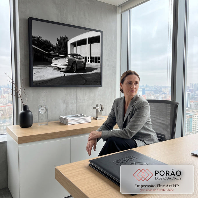 Porsche 911 Singer clássico em fotografia preto e branco diante de prédio moderno, quadro decorativo