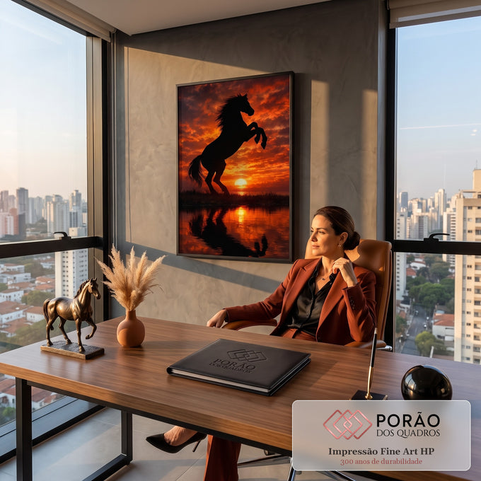 Silhueta de cavalo empinado contra pôr do sol laranja com reflexo no lago, quadro decorativo