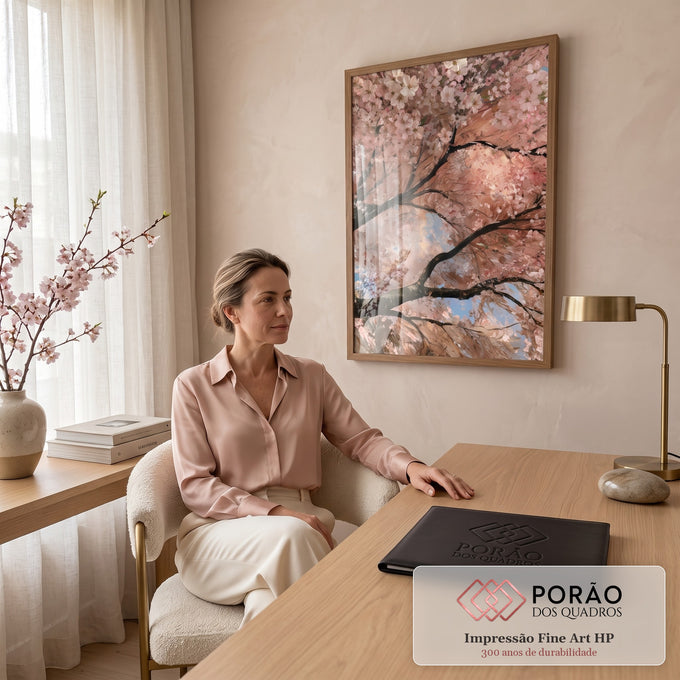 Quadro Decorativo Flores de Cerejeira em Pinceladas Rosa | quadros decorativos | flores de cerejeira rosa e branco cobrindo galhos escuros com céu azul ao fundo | em Quadros para Quarto | Porao dos Quadros