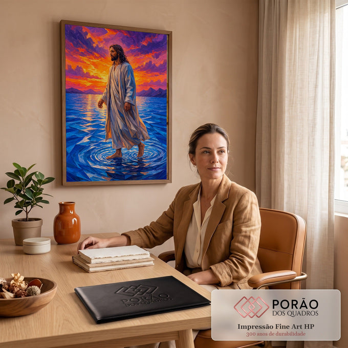 Quadro Decorativo Grande Jesus Milagre para Sala Azul | quadros decorativos | Jesus de manto branco caminhando sobre mar azul sob céu laranja e roxo ao entardecer | em ambiente 2 | Porao dos Quadros