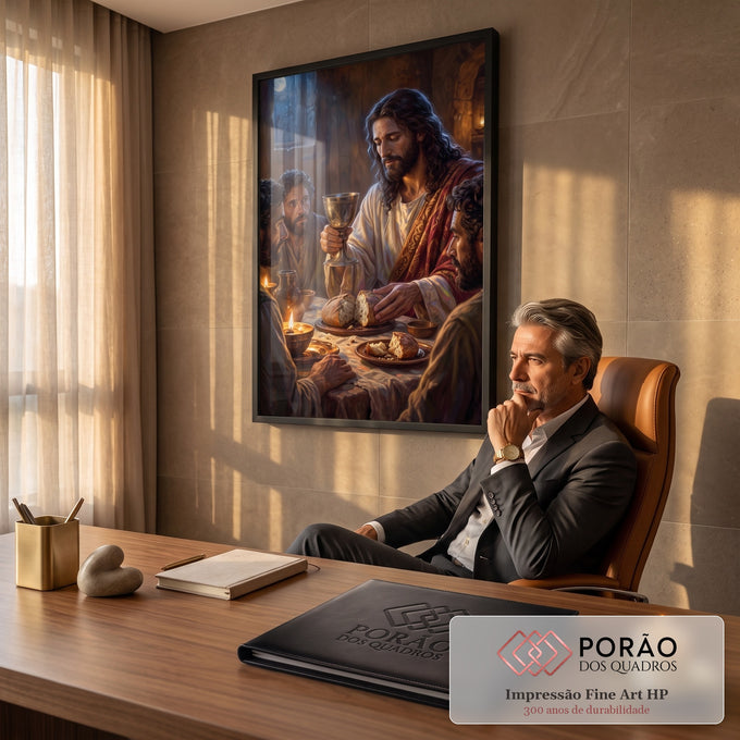Quadro Decorativo Grande Última Ceia para Sala Marrom | quadros decorativos | Jesus ergue cálice prateado e parte pão à luz de velas com apóstolos ao redor | em ambiente 2 | Porao dos Quadros