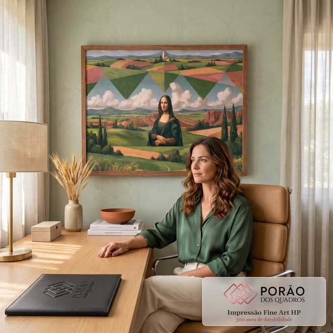 Mona Lisa numa paisagem toscana surreal com campos geométricos, ciprestes e girassóis, quadro decorativo