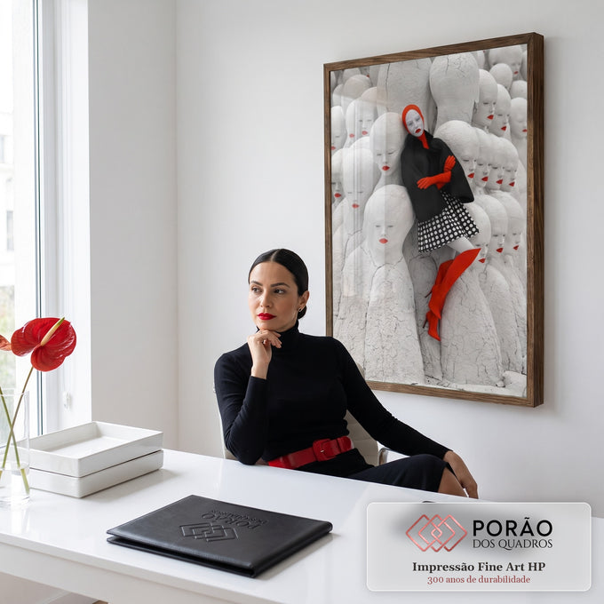 Mulher de casaco preto e botas vermelhas entre estátuas brancas de lábios vermelhos, quadro decorativo