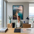 Quadro Decorativo Grande Falésia e Praia para Sala Azul | quadros decorativos | vista aérea de falésia verde, praia clara e mar turquesa ao entardecer | em ambiente 2 | Porao dos Quadros