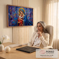Nossa Senhora abraçando o Menino Jesus com halo dourado e fundo roxo e azul em pinceladas, quadro decorativo