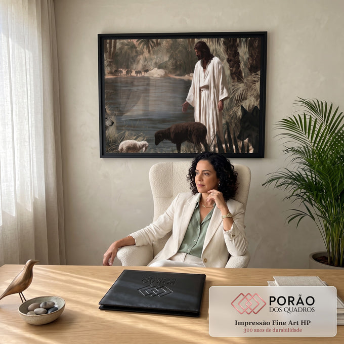 Quadro Decorativo Jesus com Lobos e Ovelhas à Beira do Lago | quadros decorativos | figura de manto branco à beira de lago cercada por lobos e ovelhas entre | em Quadros para Quarto | Porao dos Quadros