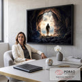 Jesus ressuscitado saindo do sepulcro de pedra rumo à luz e às montanhas nevadas, quadro decorativo