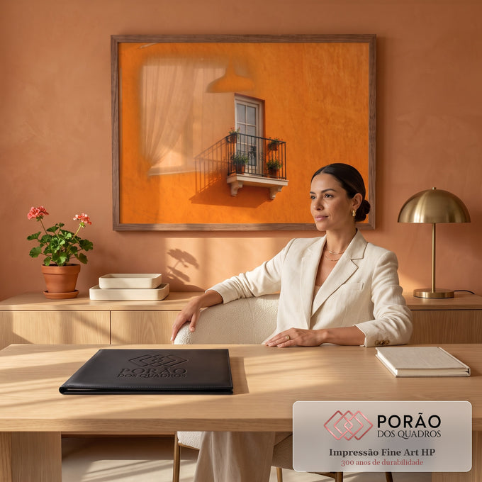 Quadro Decorativo Grande Varanda com Flores para Sala | quadros decorativos | janela branca e varanda com grade de ferro e flores sobre parede laranja vibrante | em ambiente 2 | Porao dos Quadros