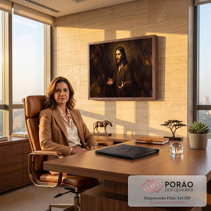 Jesus Cristo de túnica marrom e mãos abertas em pintura a óleo com fundo escuro, quadro decorativo