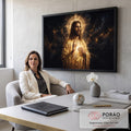 Quadro Decorativo Grande Jesus Manto para Sala Dourado | quadros decorativos | Jesus Cristo em manto dourado com auréola luminosa e céu estrelado ao fundo | em ambiente 2 | Porao dos Quadros