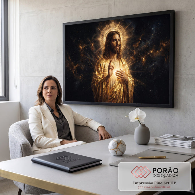 Quadro Decorativo Grande Jesus Manto para Sala Dourado | quadros decorativos | Jesus Cristo em manto dourado com auréola luminosa e céu estrelado ao fundo | em ambiente 2 | Porao dos Quadros