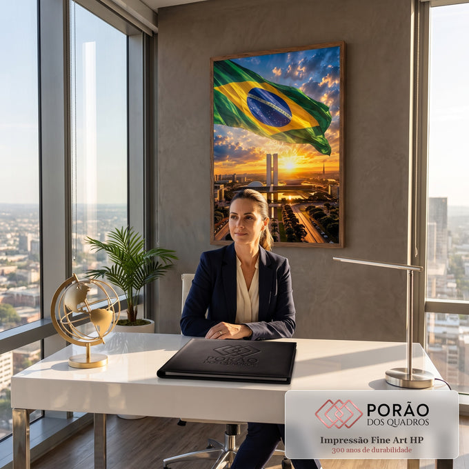 Bandeira do Brasil tremulando sobre o Congresso Nacional em Brasília ao pôr do sol dourado, quadro decorativo