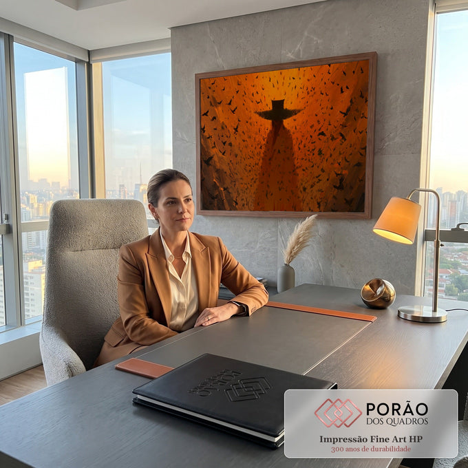 Figura de chapéu largo e manto longo cercada por corvos em voo, pintura em laranja, quadro decorativo