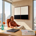 Pintura abstrata minimalista com campo bege, faixa preta e linha vertical cobre, quadro decorativo