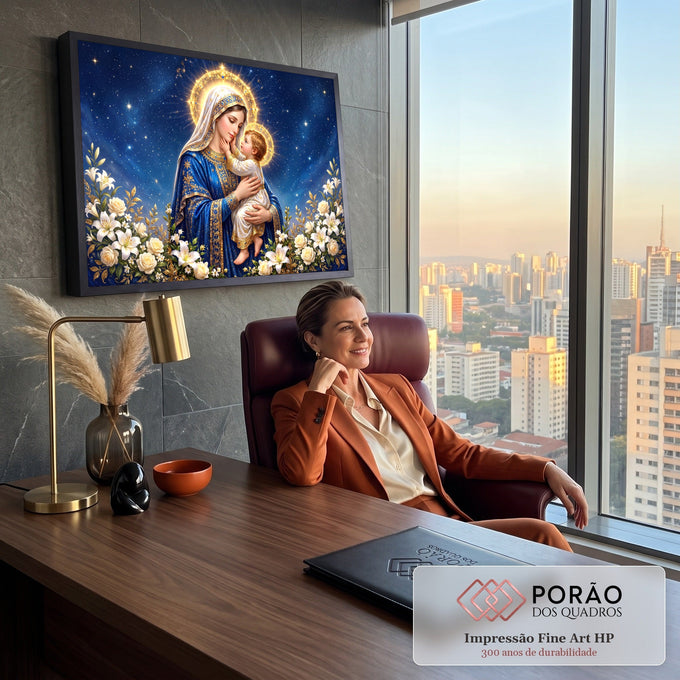 Nossa Senhora de manto azul abraçando o Menino Jesus sob céu estrelado com lírios, quadro decorativo