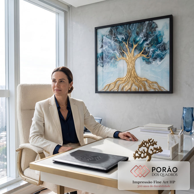 Quadro Decorativo Grande Árvore da Vida Azul para Sala | quadros decorativos | árvore dourada estilizada sobre fundo abstrato azul e preto tipo ocean art | em ambiente 2 | Porao dos Quadros
