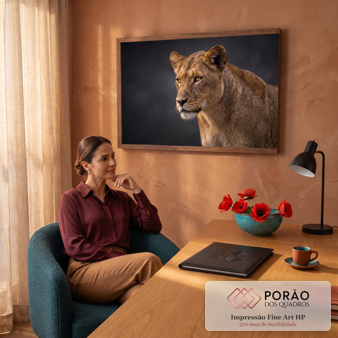 Leoa de perfil com pelagem dourada e olhos âmbar sobre fundo cinza-escuro, quadro decorativo