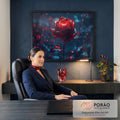 Quadro Decorativo Grande Rosa Vermelha Vermelho para Sala | quadros decorativos | rosa vermelha metálica com brilho intenso sobre fundo azul escuro com luzes bokeh | em ambiente 2 | Porao dos Quadros
