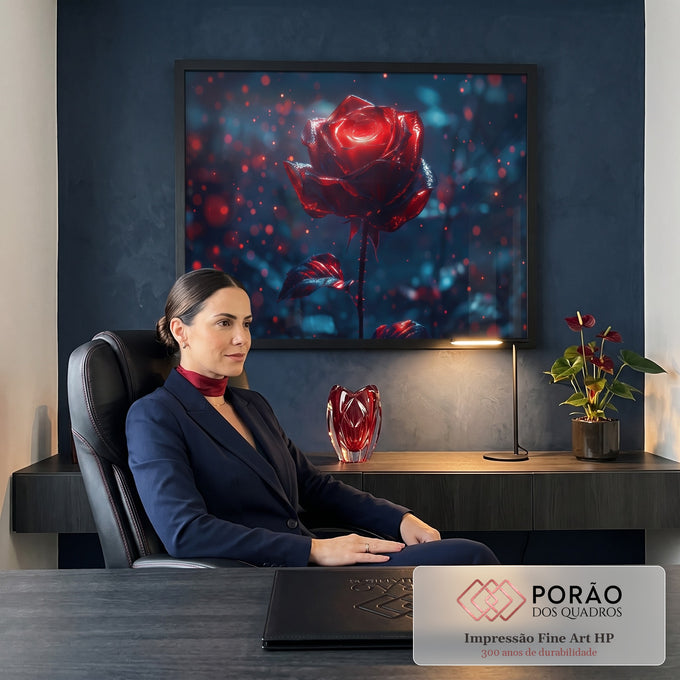 Quadro Decorativo Grande Rosa Vermelha Vermelho para Sala | quadros decorativos | rosa vermelha metálica com brilho intenso sobre fundo azul escuro com luzes bokeh | em ambiente 2 | Porao dos Quadros