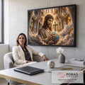 Jesus com coroa de espinhos segura o globo em catedral com vitrais, cruz e nuvens douradas, quadro decorativo