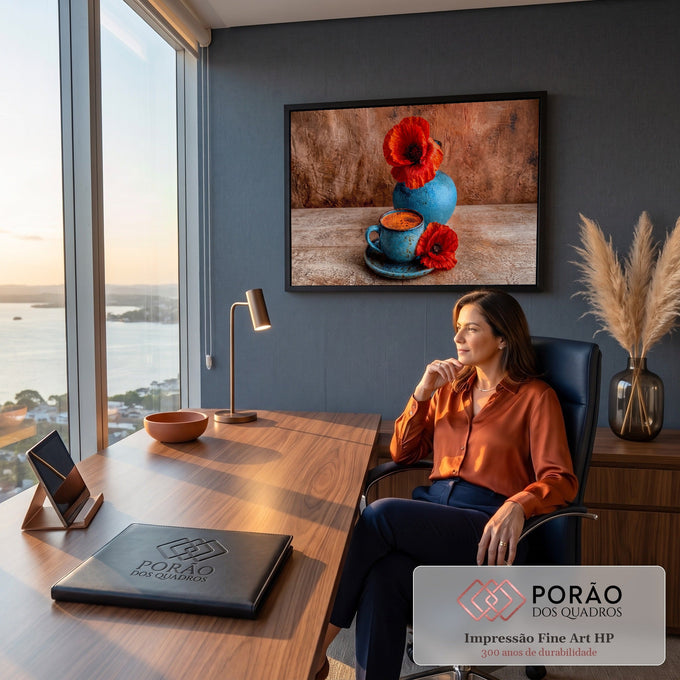 Xícara azul de café expresso, vaso azul e papoulas vermelhas sobre mesa de madeira rústica, quadro decorativo