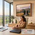Quadro Decorativo Grande Paisagem para Sala Bege | quadros decorativos | estrada de terra entre ciprestes levando a casa de pedra ao amanhecer na Toscana | em ambiente 2 | Porao dos Quadros