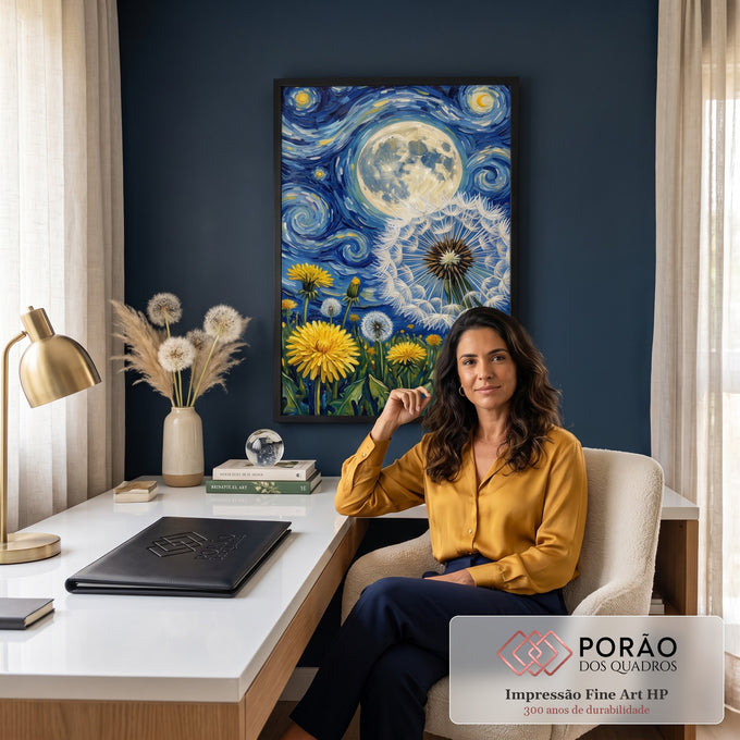 Quadro Decorativo Grande Dente de Leão Lua Cheia para Sala | quadros decorativos | dente-de-leão florido sob céu estrelado em espirais azuis e lua cheia | em ambiente 2 | Porao dos Quadros