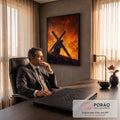 Quadro Decorativo Grande Jesus Carregando para Sala Laranja | quadros decorativos | homem carregando cruz de madeira ajoelhado diante de chamas intensas | em ambiente 2 | Porao dos Quadros