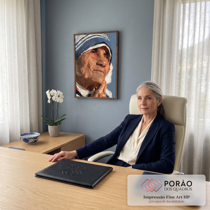 Quadro Decorativo Madre Teresa de Calcuta em Oração Pintura | quadros decorativos | retrato pintado de mulher idosa com véu azul e branco olhando para cima em pintura a óleo | em Quadros para Escritorio | Porao dos Quadros