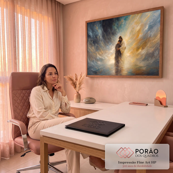 Pintura de Jesus abraçando uma pessoa sobre as águas, com luz dourada e nuvens azuis, quadro decorativo