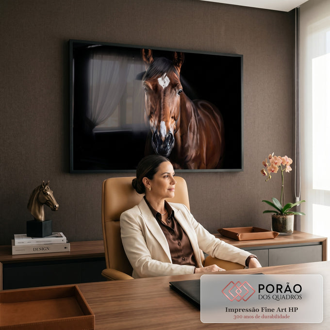 Retrato realista de cavalo baio de frente com estrela branca na testa sobre fundo preto, quadro decorativo