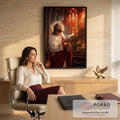 Quadro Decorativo Grande Jesus com Pomba para Sala Vermelho | quadros decorativos | Jesus com auréola segurando pomba branca diante de vitrais vermelhos de catedral | em ambiente 2 | Porao dos Quadros