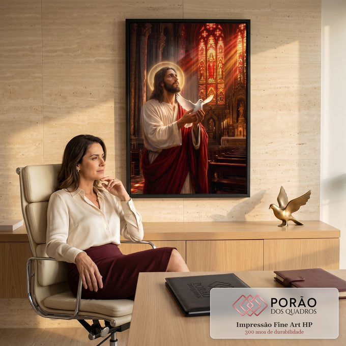 Quadro Decorativo Grande Jesus com Pomba para Sala Vermelho | quadros decorativos | Jesus com auréola segurando pomba branca diante de vitrais vermelhos de catedral | em ambiente 2 | Porao dos Quadros