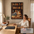 Quadro Decorativo Grande Mulher Lendo Marrom para Sala | quadros decorativos | mulher deitada lendo um livro em frente a uma estante cheia de livros coloridos | em ambiente 2 | Porao dos Quadros