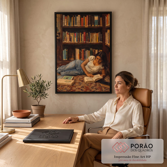 Quadro Decorativo Grande Mulher Lendo Marrom para Sala | quadros decorativos | mulher deitada lendo um livro em frente a uma estante cheia de livros coloridos | em ambiente 2 | Porao dos Quadros