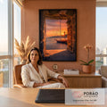 Veleiro ancorado ao pôr do sol com farol, visto por janela de pedra antiga, quadro decorativo