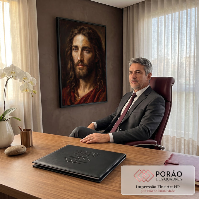 Quadro Decorativo Grande Retrato de Jesus para Sala Marrom | quadros decorativos para sala | retrato de Jesus Cristo com manto vermelho e olhar sereno em óleo clássico | em Quadros para Sala | Porao dos Quadros