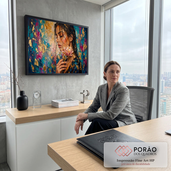 Quadro Decorativo Grande Mulher com Flor para Sala Dourado | quadros decorativos | mulher de perfil com flor rosa, fundo azul e dourado em textura expressiva | em ambiente 2 | Porao dos Quadros