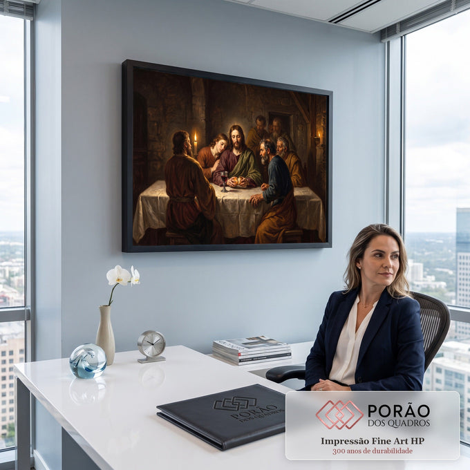 Jesus partindo o pão com os apóstolos à luz de velas em pintura a óleo da Santa Ceia, quadro decorativo