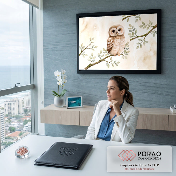 Quadro Decorativo Grande Coruja de Bebê para Quarto de Bebê | quadros decorativos | coruja filhote em aquarela pousada em galho com folhas verdes sobre fundo bege | em ambiente 2 | Porao dos Quadros