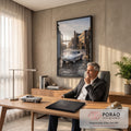 Quadro Decorativo Grande Carro Clássico Prata para Sala | quadros decorativos | carro esportivo clássico prata visto de trás em pátio industrial ao entardecer | em ambiente 2 | Porao dos Quadros